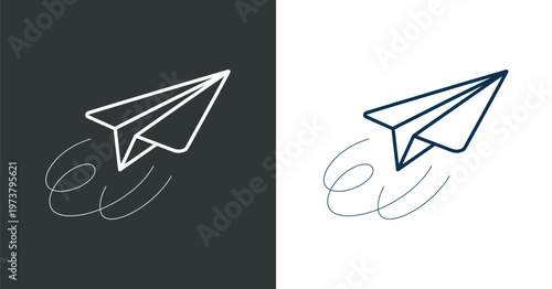 Minimalist vector illustration of a flying paper airplane, depicted in white and dark blue lines on contrasting dark gray and white backgrounds, conveying speed and motion with curved lines.