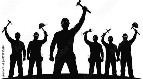 Workers unity silhouette of construction workers raising tools in solidarity