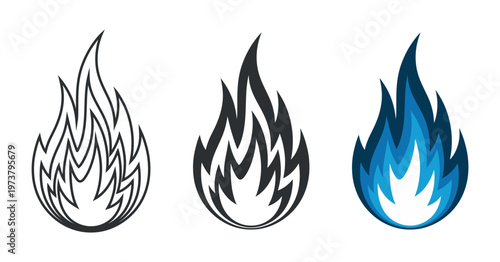 Vector flame graphic illustrations in black and blue colors