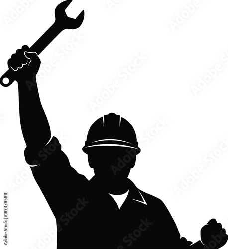 Workers unity silhouette of construction worker raising wrench in solidarity