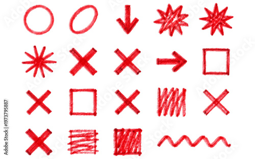 Collection of hand drawn red crayon symbols and geometric shapes isolated on white background for educational and marking purposes.