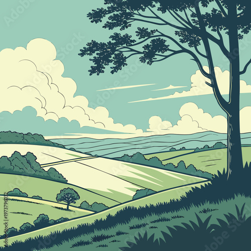 A tree on a hill overlooking a serene landscape