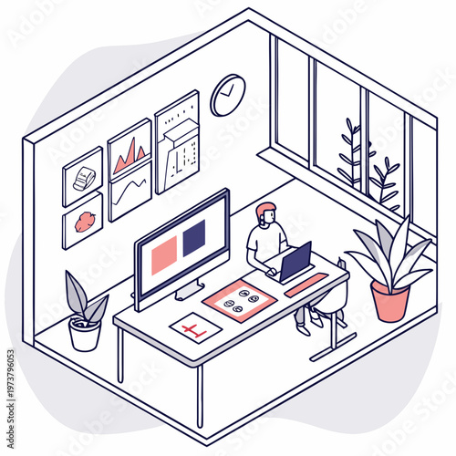 A person working at a desk with a computer and laptop