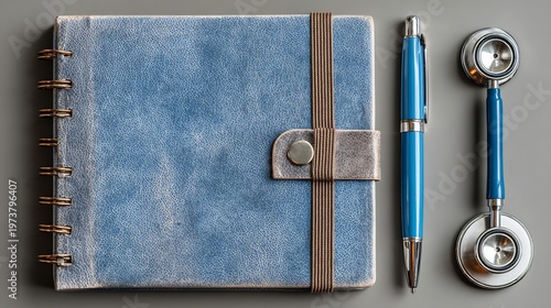 Blue Leather Notebook with Stethoscope and Pen on Gray Surface