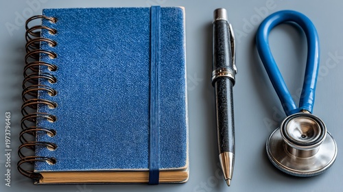 Blue Notebook Pen Stethoscope Medical Office Desk