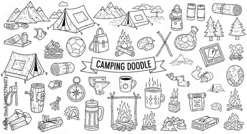 A camping doodle with various camping items