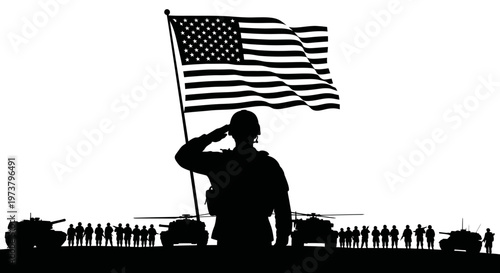 A soldier salutes the american flag with tanks and troops in the background