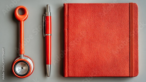 Red Journal Pen and Magnifying Glass on Gray Background