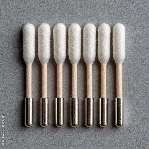 Cotton Swabs with Wooden Handles and Metal Tips on Gray Background