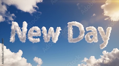 3D white clouds forming new year text with golden sunset glow on blue sky background