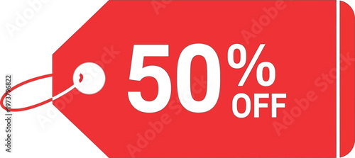 Red price tag graphic displays fifty percent off sale discount.