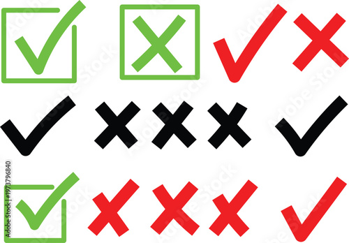 Green Check Mark and Red Cross Icon Set, Approved and Rejected Symbols Collection, Yes and No Signs, Tick and X Marks for UI Design, Vector Illustration