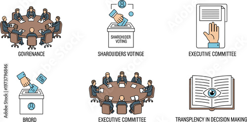 Corporate governance vector icon set featuring board meetings, shareholder voting, executive committee discussions, transparency, and decision making business concepts.
