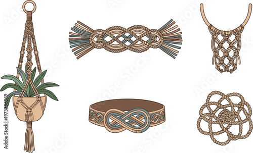 Set of macrame vector icons featuring a plant hanger, woven bracelets, decorative knots, and boho style accessories isolated on white.