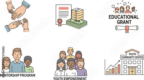 Community support and education vector icon set featuring educational grants, youth empowerment, social development, unity, and non-profit organization concepts.