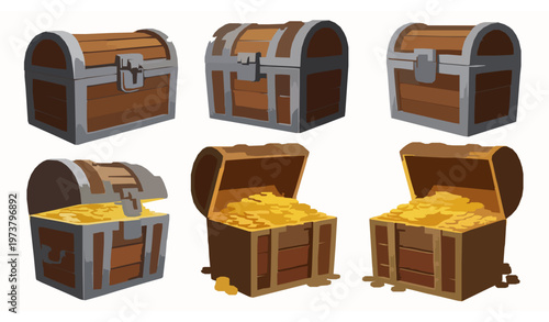 Wooden treasure chest with gold realistic vector icon set pirate loot box isolated on white background