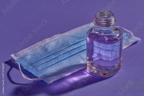 Hand Sanitizer and Blue Face Mask on Purple Background