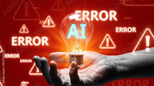 Hand holding glowing AI error warning lightbulb in digital crisis background