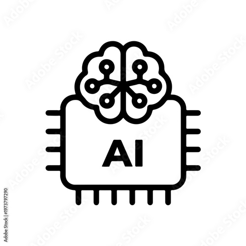 Artificial intelligence AI icon with digital brain and processor chip, thin line vector illustration