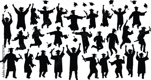 Silhouette of diverse graduates in caps and gowns celebrating by tossing mortarboards and holding diplomas, symbolizing academic achievement and future career success