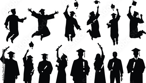 Black silhouettes of graduates in caps and gowns celebrating by tossing mortarboards and holding diplomas, symbolizing academic achievement, unity and future success