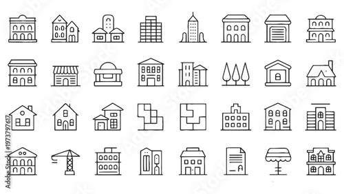 Architecture and Real Estate Building Icon Set for Property Listing, Urban Planning Interface Design and Construction Applications