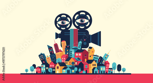 Creative vintage film camera illustration with eyes for reels positioned above a colorful and densely packed city skyline.