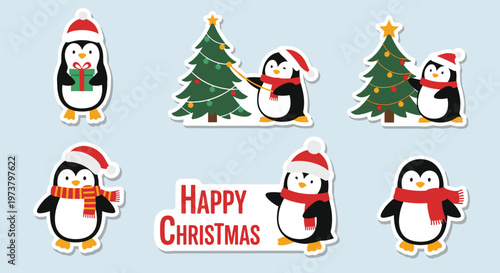 Adorable penguin stickers for Christmas featuring festive birds with trees, gifts, and holiday scarves on a light blue background.