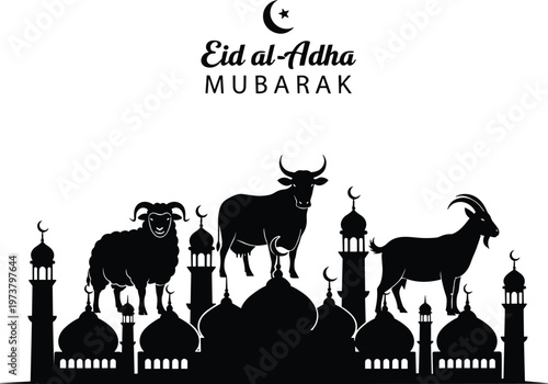 Silhouette illustration of Eid al-Adha Mubarak with ram, bull, goat on mosque domes, crescent moon, symbolizing sacrifice and Islamic celebration
