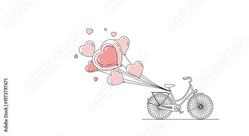 Minimalist line art of a classic bicycle with a bunch of floating heart shaped balloons tied to the rear luggage rack.