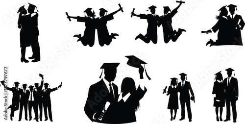 Silhouettes of joyful graduates in caps and gowns celebrating academic success, jumping, holding diplomas, embracing, symbolizing achievement and education milestone