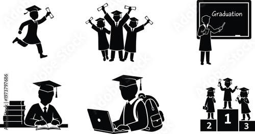 Graduation ceremony celebration with students in caps and gowns tossing hats in the air symbolizing success, achievement, and accomplishment