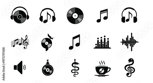 Set of black and white musical icons including vinyl records, headphones, and sound waves for audio projects or graphic design.