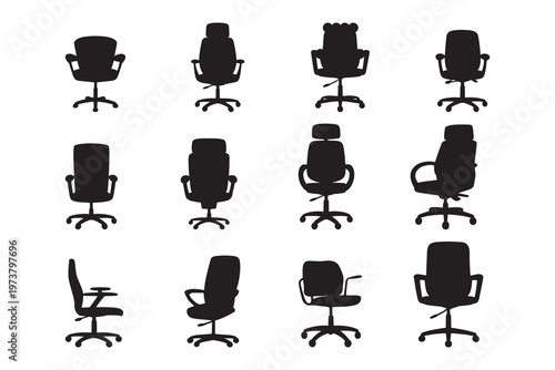Collection of black office chair silhouettes on a white background