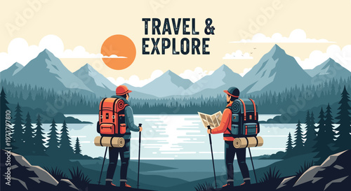 Two hikers with large backpacks stand by a serene mountain lake looking at a map under a setting sun for travel and exploration.