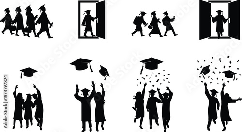 Graduates in caps and gowns walking through doors and joyfully tossing hats, symbolizing academic achievement, celebration, and milestone success