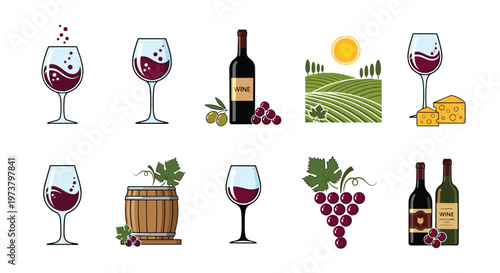 Comprehensive collection of wine themed icons featuring glasses of red wine, bottles, barrels, grapes, and scenic vineyard views.