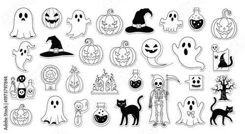 Fun set of black and white Halloween stickers featuring ghosts, spooky pumpkins, black cats, witch hats, and magical potions.