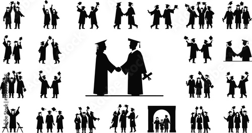 Silhouetted graduates celebrating with diplomas, caps, and gowns, shaking hands, hugging, and tossing hats during joyful academic achievement ceremony