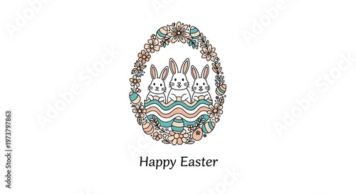 Cute Happy Easter greeting featuring three white bunnies peeking out from a decorative floral egg wreath with colorful patterns.