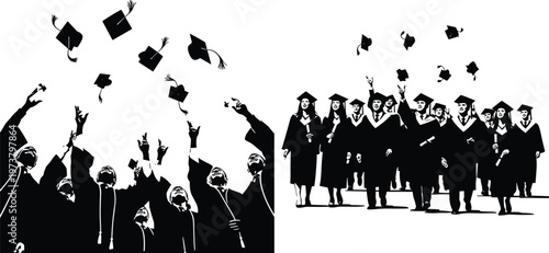 Silhouetted graduates joyfully tossing caps into the air, celebrating academic achievement, unity, and milestone success at festive graduation ceremony