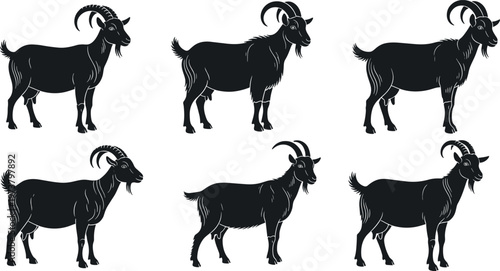 Black silhouette illustration of goats in side profile with curved horns and beards, arranged in rows, symbolizing livestock and sacrifice tradition