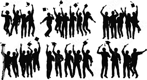 Black silhouette illustration of graduates in caps and gowns jumping, cheering, and tossing hats in celebration of academic success and achievement