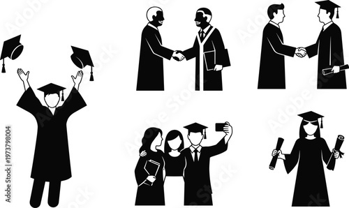 Black and white silhouette illustration of graduates in caps and gowns celebrating academic achievement with diplomas, selfies, handshakes, and cap toss