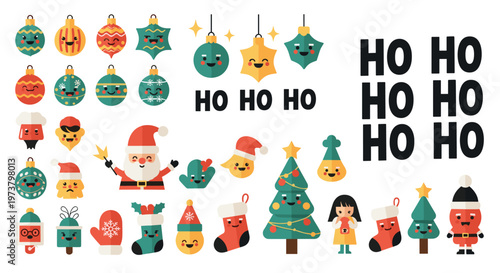 Fun set of adorable Christmas characters and decorations including Santa Claus, festive trees, ornaments, and stockings.