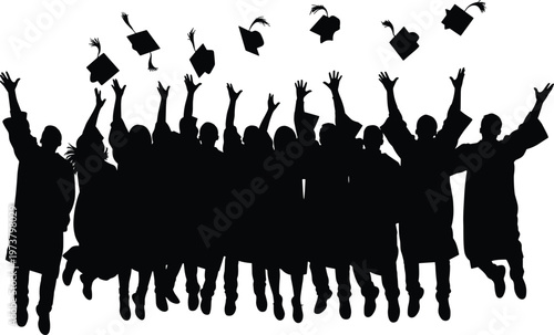 Black silhouette illustration of graduates in caps and gowns tossing hats in the air, celebrating academic success and milestone achievement