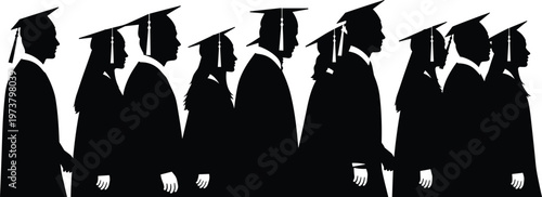 Black silhouette illustration of graduates in caps and gowns walking in line during commencement ceremony, symbolizing academic success and achievement