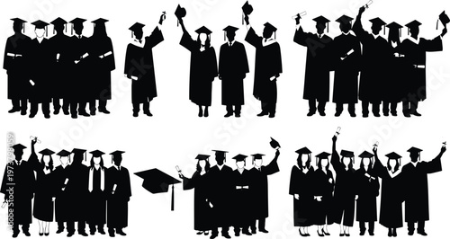 Black and white silhouette illustration of graduates in caps and gowns celebrating academic achievement, tossing diplomas and caps during ceremony