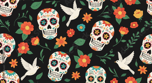 Vibrant seamless pattern of traditional Mexican sugar skulls, colorful flowers, and white doves on a dark black background.