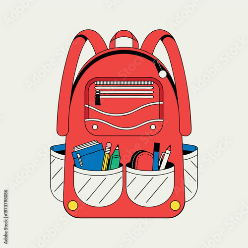 a red school backpack with front pockets and water bottles